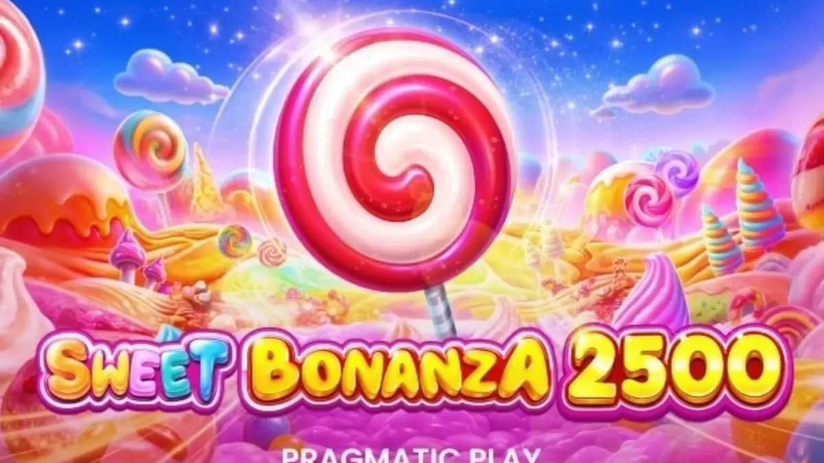 Tampilan antarmuka mobile slot Sweet Bonanza 2500 dengan latar permen warna-warni.