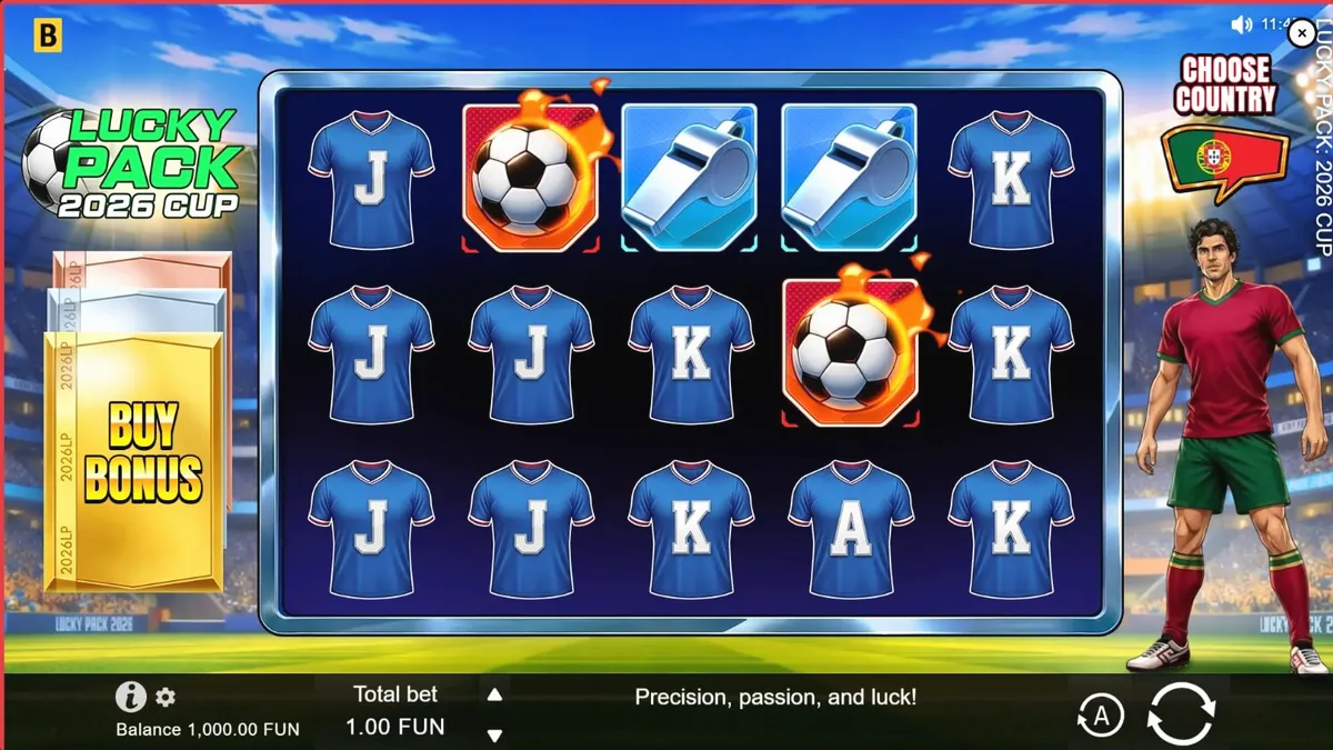 Lucky Pack 2026 Cup slot game interface featuring football theme